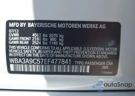 2014 BMW 335I из США, поврежденный, VIN WBA3A9C57EF477841